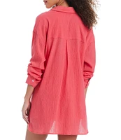 Sanctuary Venice Beach Solid Point Collar Button Front Shirt Swim Cover-Up