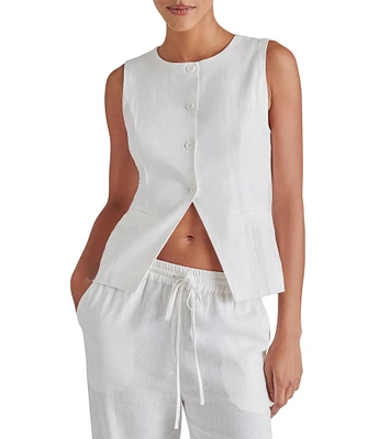 Steve Madden Wesley Round Neckline Sleeveless Button Front Linen Vest Top