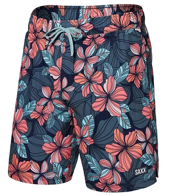 SAXX Oh Buoy Two-In-One Deep Jungle Printed 7#double; Inseam Swim Trunks
