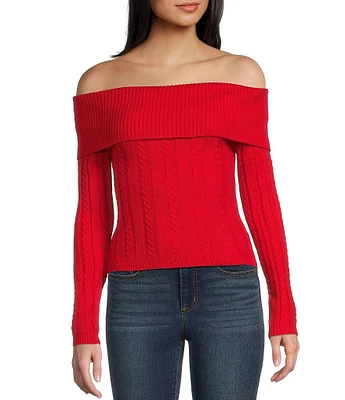 Say What Off The Shoulder Long Sleeve Cable Knit Top