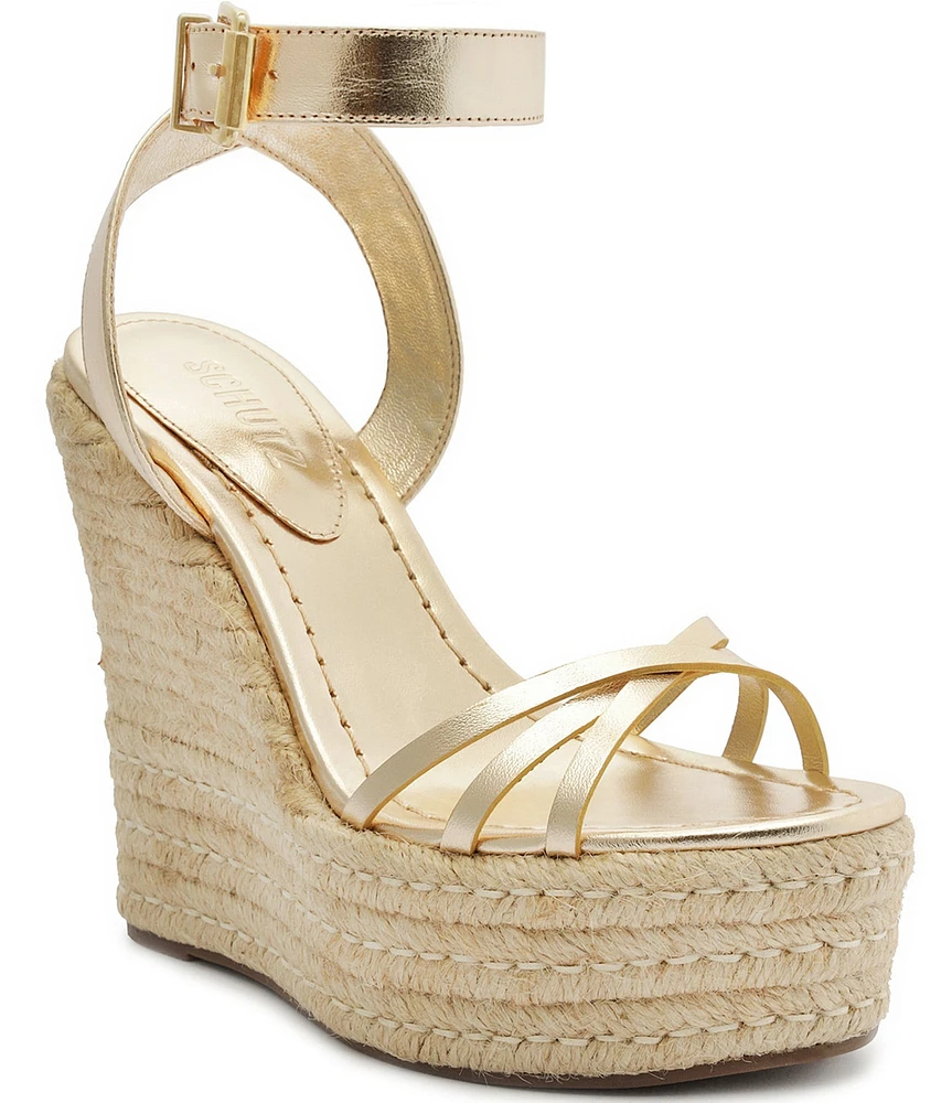 Schutz Alexandra Metallic Leather Espadrille Wedge Sandals