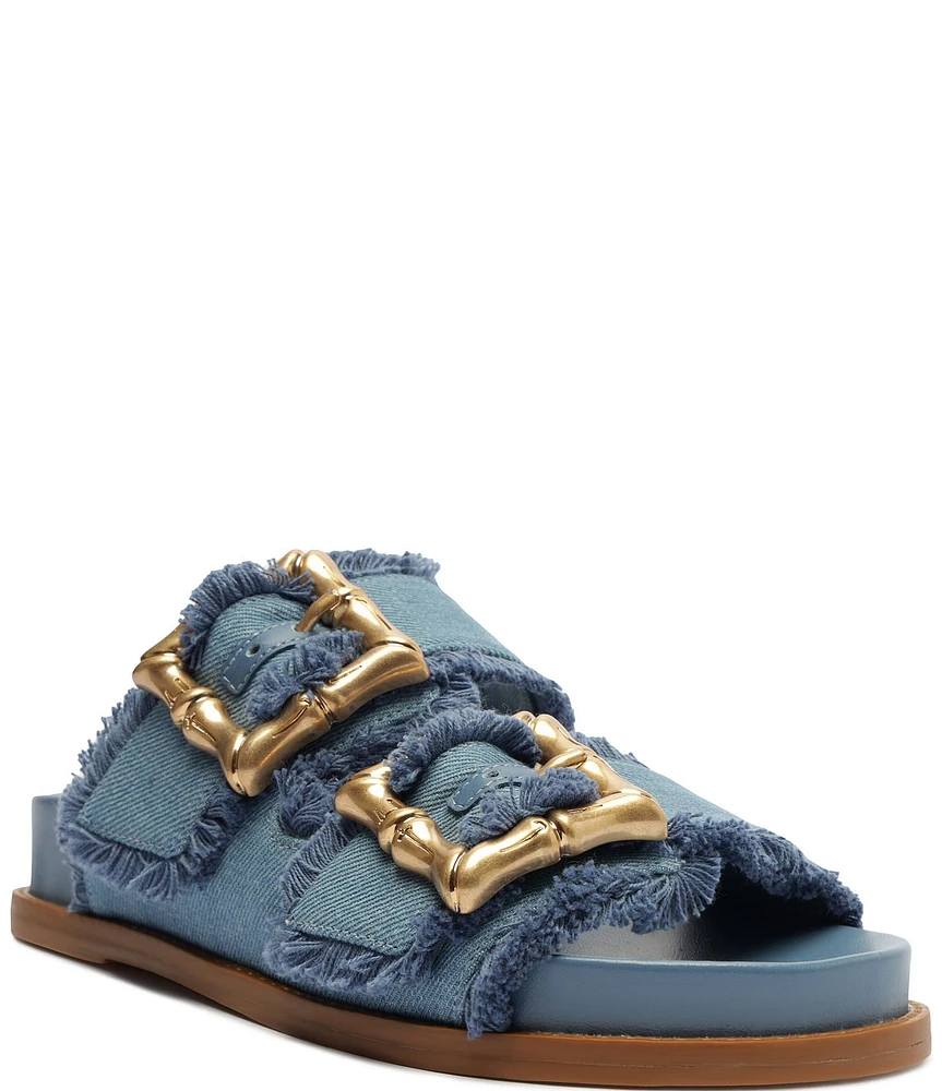 Schutz Enola Sporty Casual Bamboo Buckle Denim Slides