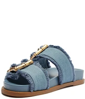 Schutz Enola Sporty Casual Bamboo Buckle Denim Slides