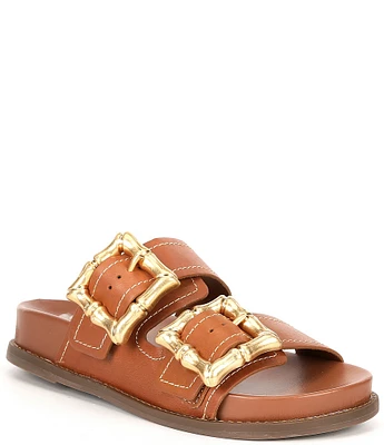 Schutz Enola Sporty Leather Buckle Detail Banded Slide Sandals