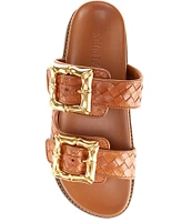 Schutz Enola Sporty Woven Leather Bamboo Buckle Detail Slide Sandals