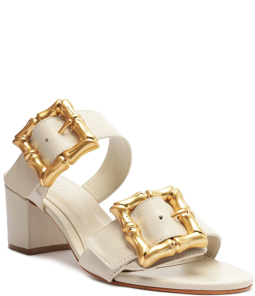 Schutz Enola Weekend Leather Bamboo Buckle Block Heel Slide Sandals