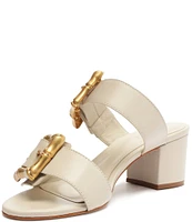 Schutz Enola Weekend Leather Bamboo Buckle Block Heel Slide Sandals