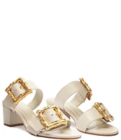 Schutz Enola Weekend Leather Bamboo Buckle Block Heel Slide Sandals