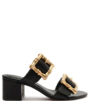 Schutz Enola Weekend Leather Bamboo Buckle Block Heel Slide Sandals