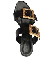 Schutz Enola Weekend Leather Bamboo Buckle Block Heel Slide Sandals