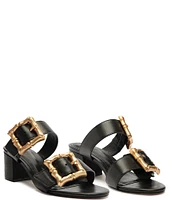 Schutz Enola Weekend Leather Bamboo Buckle Block Heel Slide Sandals