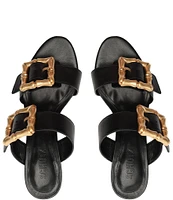 Schutz Enola Weekend Leather Bamboo Buckle Block Heel Slide Sandals