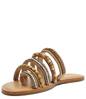 Schutz Jade Bead and Rhinestone Embellished Multi-Strap Toe Loop Flat Sandals