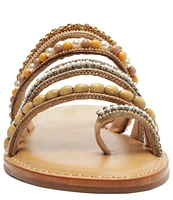 Schutz Jade Bead and Rhinestone Embellished Multi-Strap Toe Loop Flat Sandals