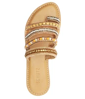 Schutz Jade Bead and Rhinestone Embellished Multi-Strap Toe Loop Flat Sandals