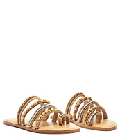 Schutz Jade Bead and Rhinestone Embellished Multi-Strap Toe Loop Flat Sandals