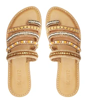 Schutz Jade Bead and Rhinestone Embellished Multi-Strap Toe Loop Flat Sandals