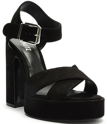 Schutz Penelope Nubuck Suede Platform Block Heel Dress Sandals