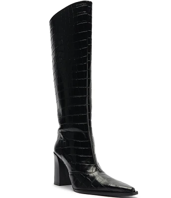 Schutz Raffaela Up Crocodile Embossed Leather Block Heel Tall Boots