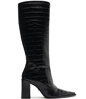 Schutz Raffaela Up Crocodile Embossed Leather Block Heel Tall Boots