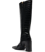 Schutz Raffaela Up Crocodile Embossed Leather Block Heel Tall Boots