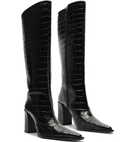 Schutz Raffaela Up Crocodile Embossed Leather Block Heel Tall Boots