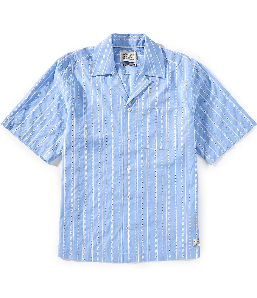 Scotch & Soda Embroidered Stripe Short Sleeve Woven Camp Shirt