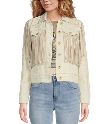 Scully Embroidered and Fringe Detailed Western Denim Jean Statement Jacket