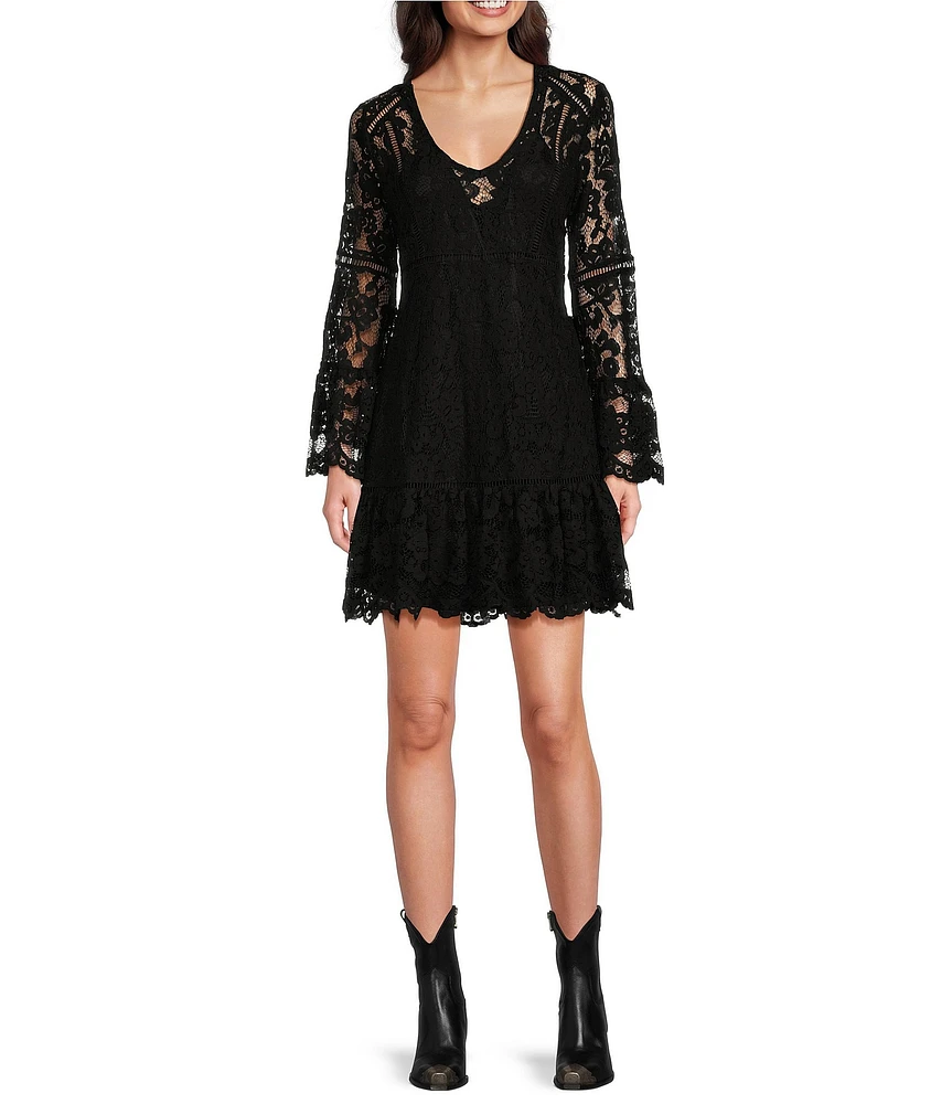 Scully Lace V-Neck Long Bell Sleeve Scalloped Hem A-Line Dress