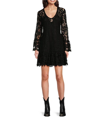 Scully Lace V-Neck Long Bell Sleeve Scalloped Hem A-Line Dress