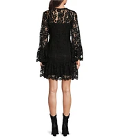 Scully Lace V-Neck Long Bell Sleeve Scalloped Hem A-Line Dress