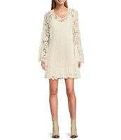 Scully Lace V-Neck Long Bell Sleeve Scalloped Hem A-Line Dress