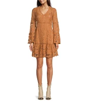 Scully Lace V-Neck Long Bell Sleeve Scalloped Hem A-Line Dress