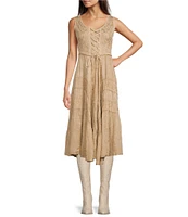 Scully Sleeveless Lace-Up Embroidered Floral Jacquard Tie Waist Midi Dress