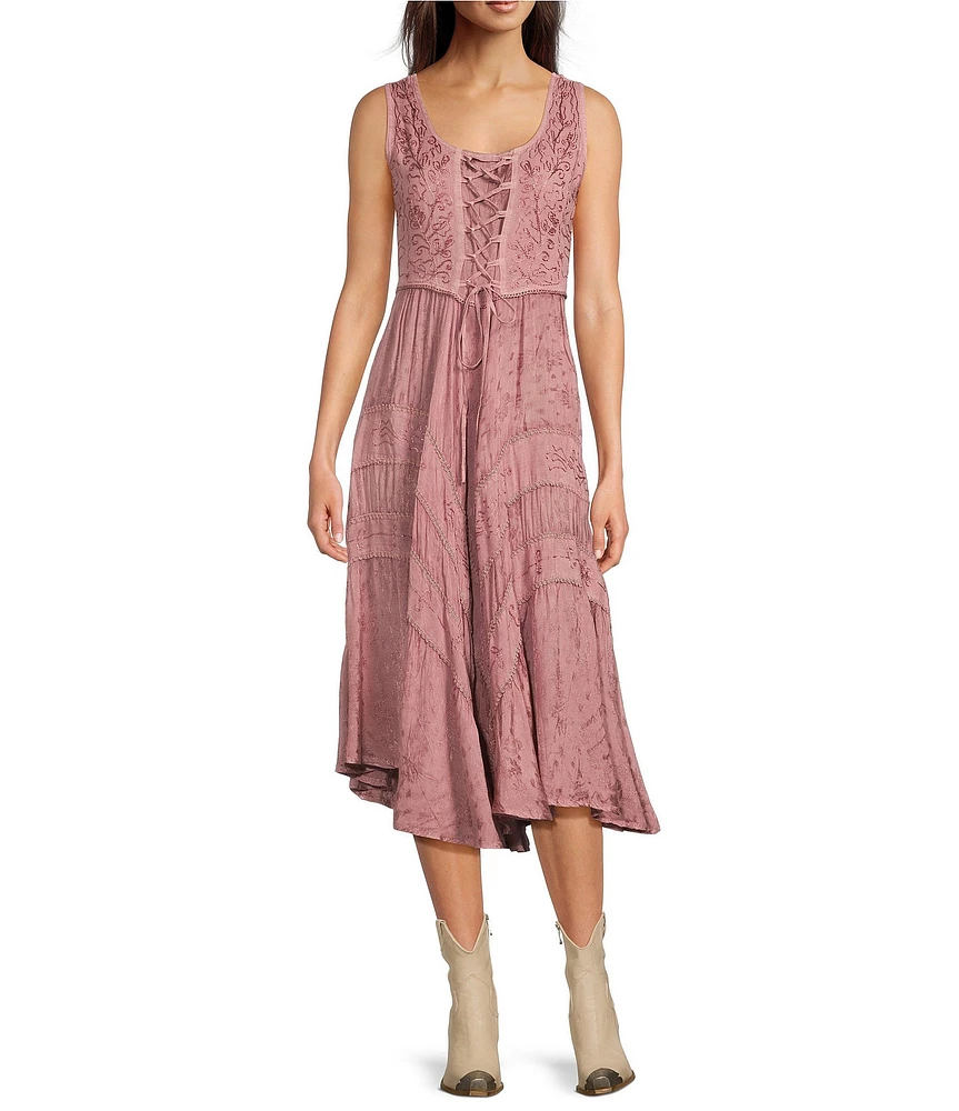 Scully Sleeveless Lace-Up Embroidered Floral Jacquard Tie Waist Midi Dress