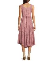 Scully Sleeveless Lace-Up Embroidered Floral Jacquard Tie Waist Midi Dress