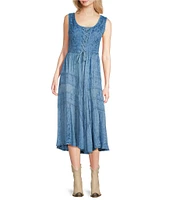 Scully Sleeveless Lace-Up Embroidered Floral Jacquard Tie Waist Midi Dress