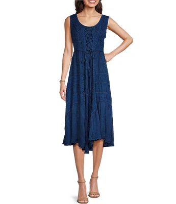 Scully Sleeveless Lace-Up Embroidered Floral Jacquard Tie Waist Midi Dress