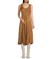 Scully Sleeveless Lace-Up Embroidered Floral Jacquard Tie Waist Midi Dress