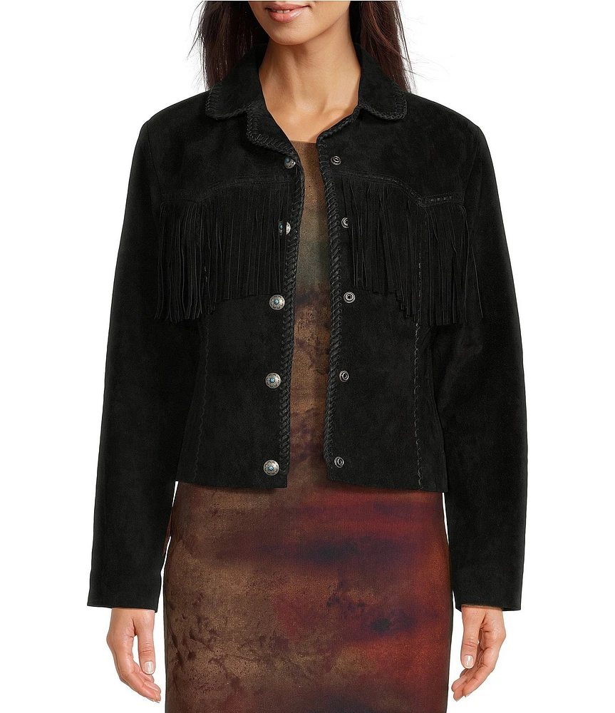 Scully Suede Leather Whipstitch Collar Fringe Jacket