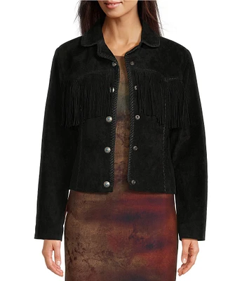 Scully Suede Leather Whipstitch Collar Fringe Jacket