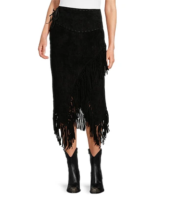 Scully Suede Leather High Rise Wrap Fringe Midi Skirt