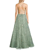 B. Darlin Sequin Floral Square Neck Ball Gown