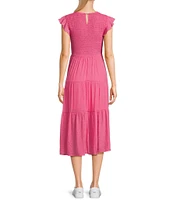 Blu Pepper Short Flutter Sleeve Smocked Tiered Midi Dress