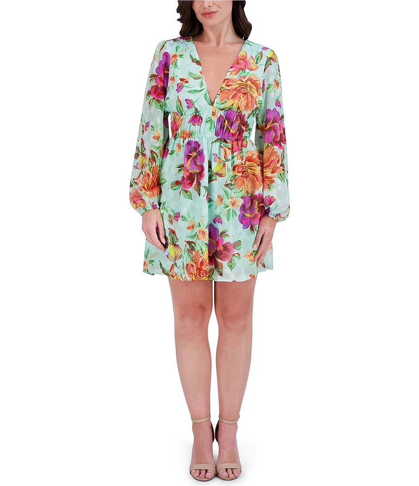 SIENA Burnout Floral Print V-Neck Long Sleeve A-Line Mini Dress