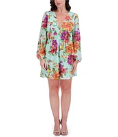 SIENA Burnout Floral Print V-Neck Long Sleeve A-Line Mini Dress