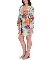 SIENA Burnout Floral Print V-Neck Long Sleeve A-Line Mini Dress