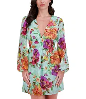 SIENA Burnout Floral Print V-Neck Long Sleeve A-Line Mini Dress