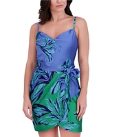 SIENA Charmeuse Floral Print Cowl Neck Sleeveless Belted Sheath Mini Dress