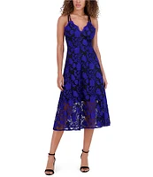 SIENA Embroidered Mesh Floral Pattern V-Neck Sleeveless Double Strap A-Line Dress